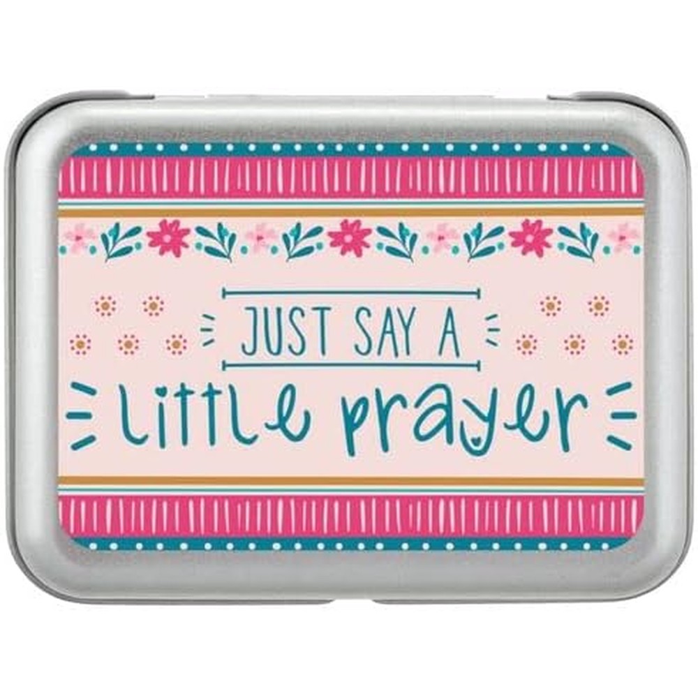 Karma Sentiment Note Taking Prayer Box front view featuring a colorful floral and striped tin design.