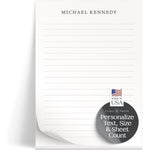 Curio Press Simplicity Personalized Stationery Notepad front view showcasing custom name header and horizontal ruled lines.