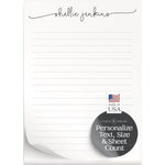 Curio Press personalized script notepad showing clean front view of custom stationery on a desk.