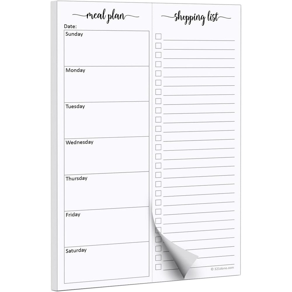 321Done weekly meal planning notepad front view showing the dual meal tracker and grocery checklist script layout.