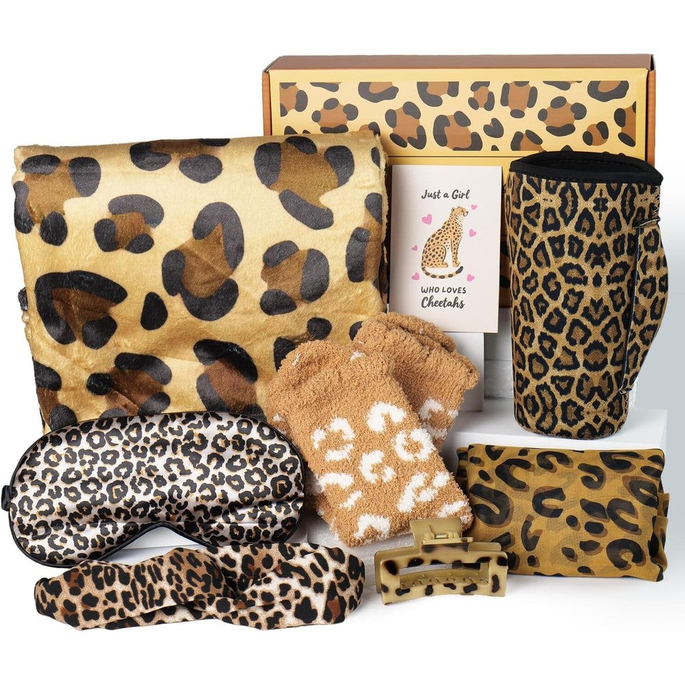Ithmahco cheetah print gifts for women self care gift basket front view showcasing full collection inside the premium presentation box.