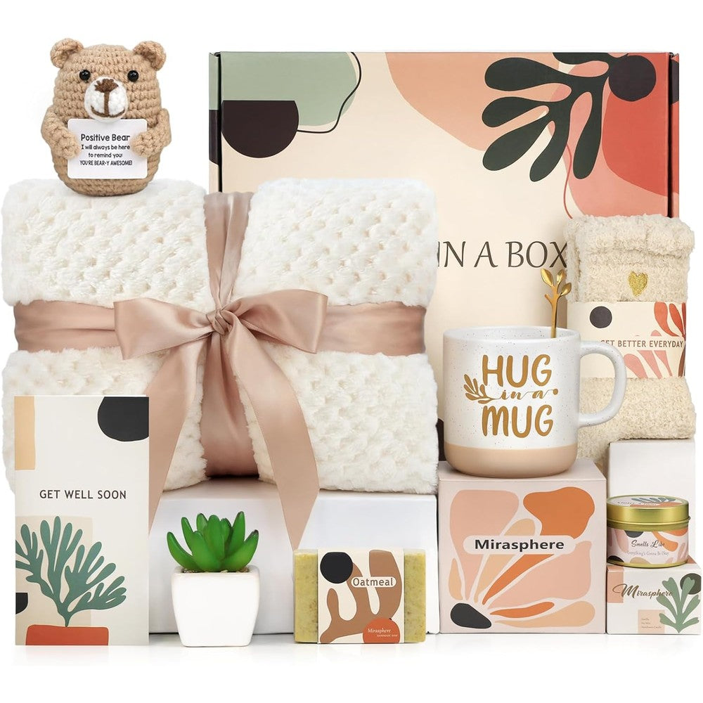 Mirasphere Get Well Soon Gift Basket for women front view showing open luxury box filled with comfort items