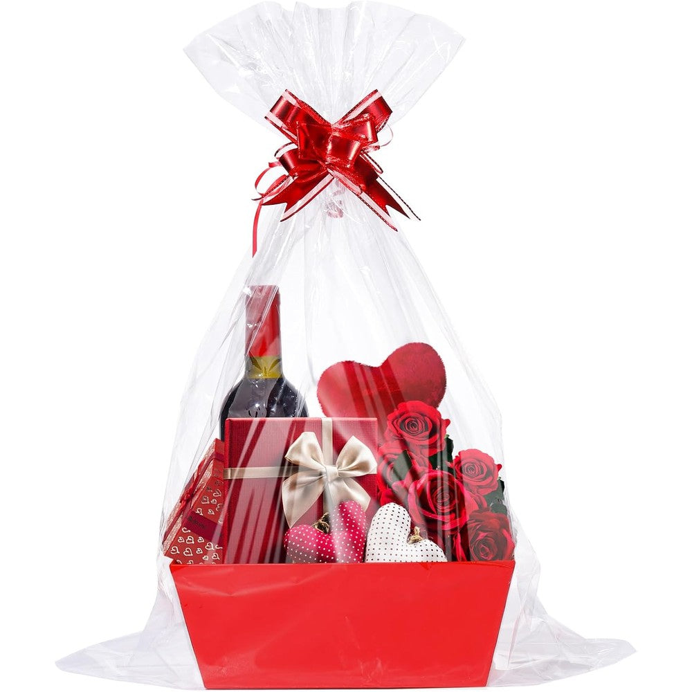 Madholly 6 Set empty gift baskets red front view containing clear bags and pull bows.