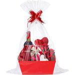 Madholly 6 Set empty gift baskets red front view containing clear bags and pull bows.