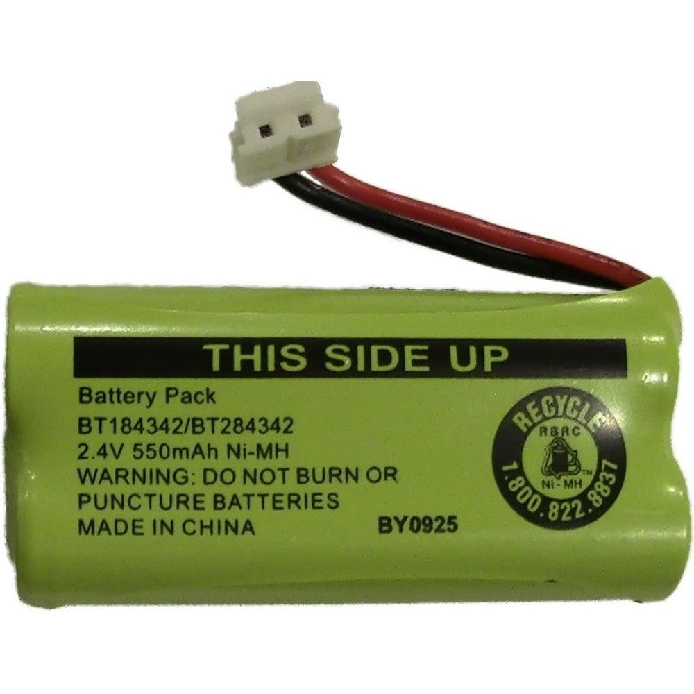 JustGreatDealz cordless telephone replacement battery pack front view showing the 2.4 Volt Ni-MH cells and white 2-pin connector wire.
