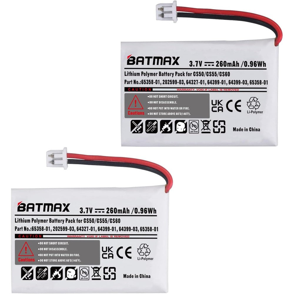 Batmax replacement headset battery pack front view showcasing premium gold contacts and technical specifications.
