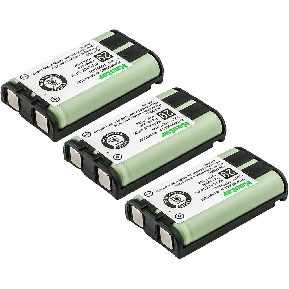 Kastar 3-Pack Type 29 replacement battery packs front view showcasing green casing and connection terminal wires.