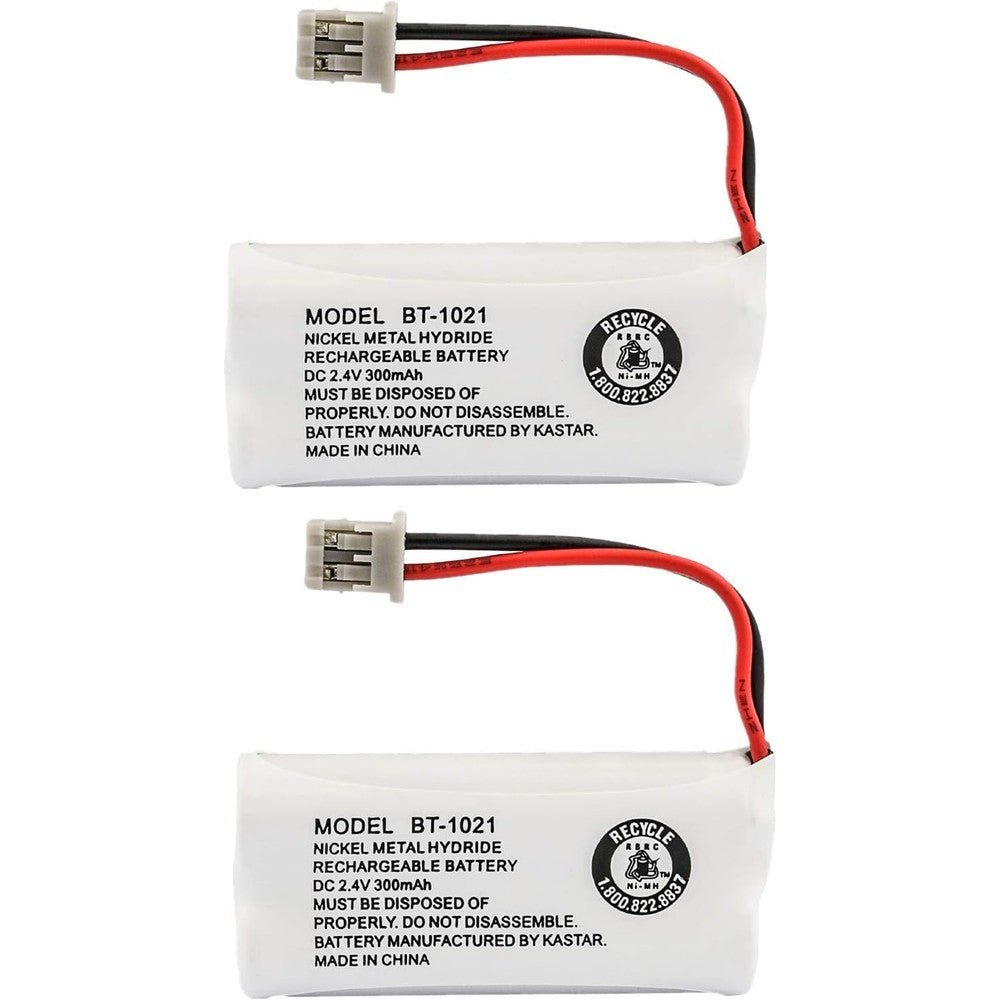 Uniden cordless handset rechargeable battery two pack front view showing technical specifications and wire connector.