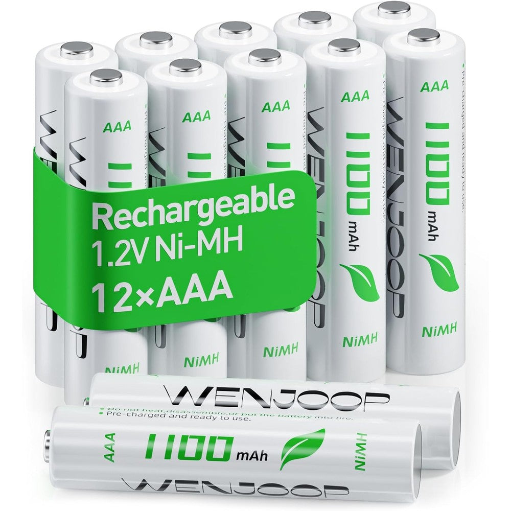 WENJOOP AAA rechargeable batteries 12-pack front view showcasing green and white eco-friendly design
