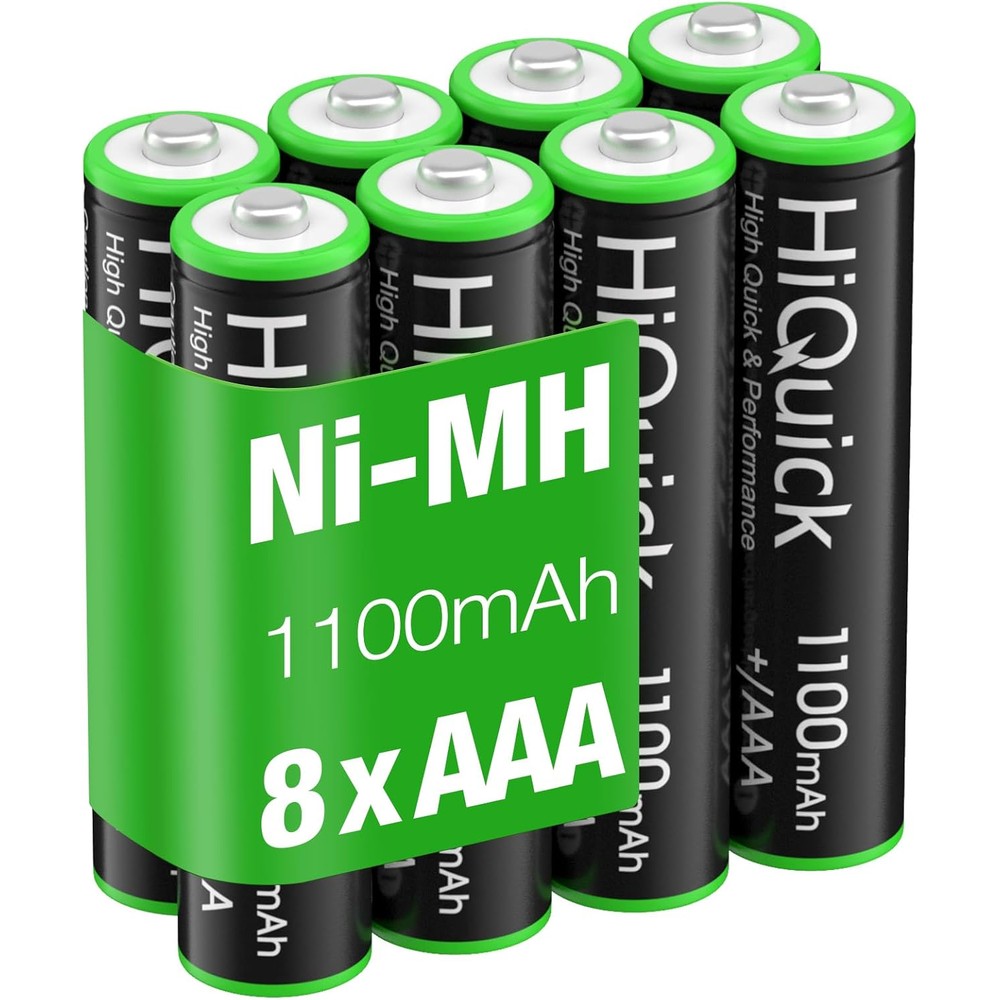 HiQuick rechargeable AAA batteries 8 pack front view showing premium retail packaging.