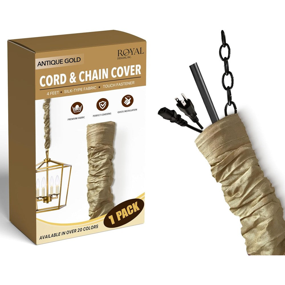 Royal Designs Incorporated antique gold cord and chain cover front view showing gathered silk type shantung fabric texture