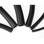 Electriduct two inch non slit flexible wire loom conduit front view showcasing the solid black corrugated polyethylene construction.
