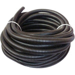 Cacovedo pet cord protector front view showing the thirty feet coil of black split wire loom tubing.