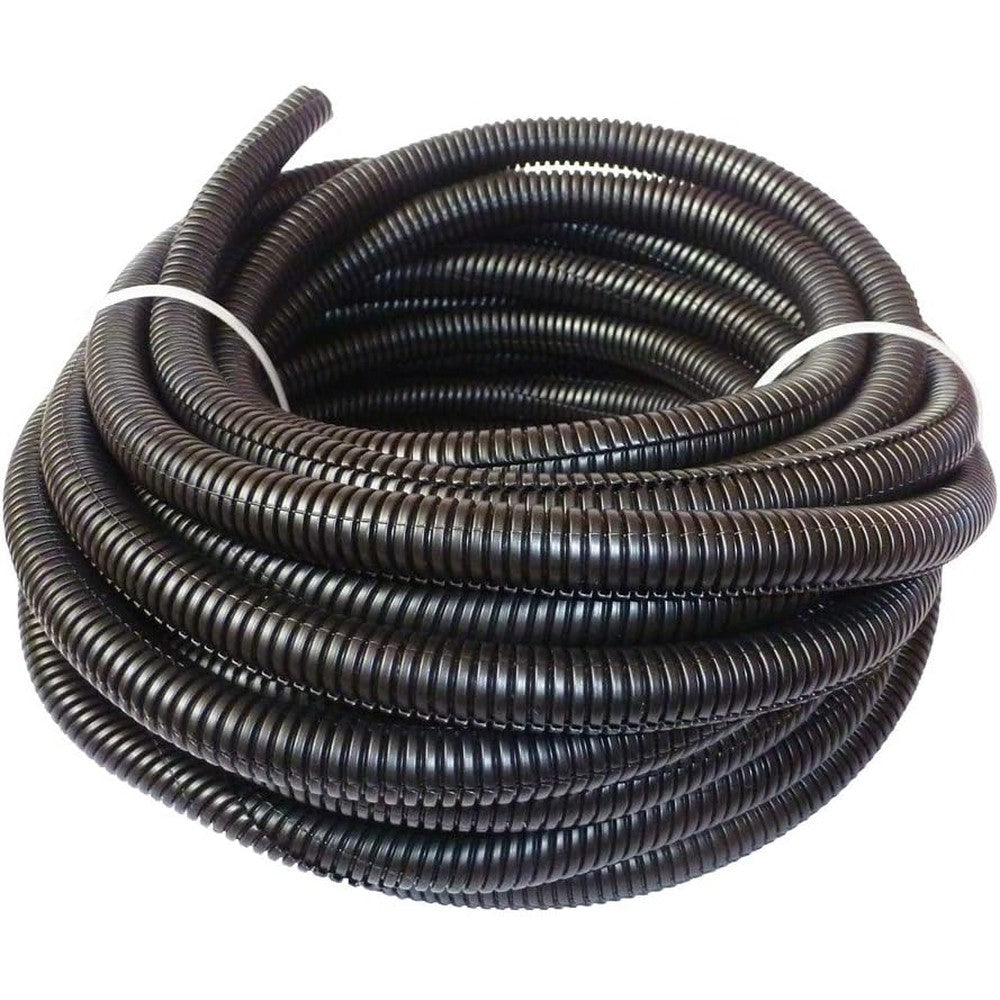 Cacovedo pet cord protector front view showing the thirty feet coil of black split wire loom tubing.