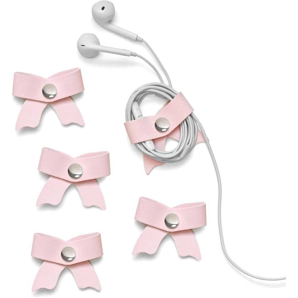 SenseAGE 5 Pack Cord Organizer front view of pink leather bow cable keepers.