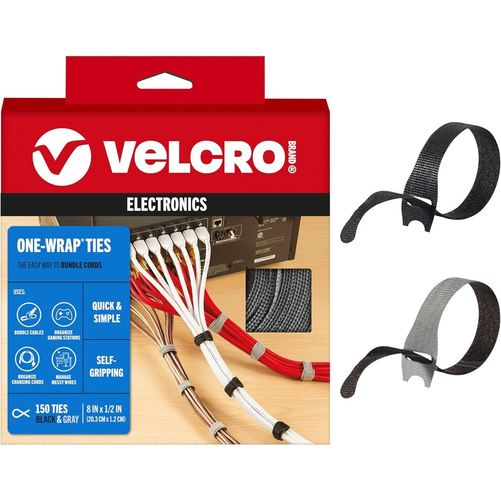 VELCRO Brand ONE-WRAP Cable Ties 150 pack front packaging view for premium wire organization.
