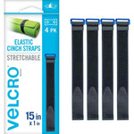 VELCRO Brand 15 Inch Elastic Cinch Straps 4 Pack front view showing black nylon texture and buckles.