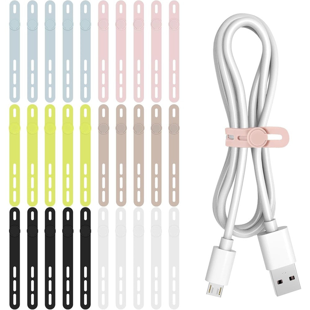Donruby 30 Pieces Silicone Cable Ties front view of multi color pack inside the plastic storage box for desktop organization.