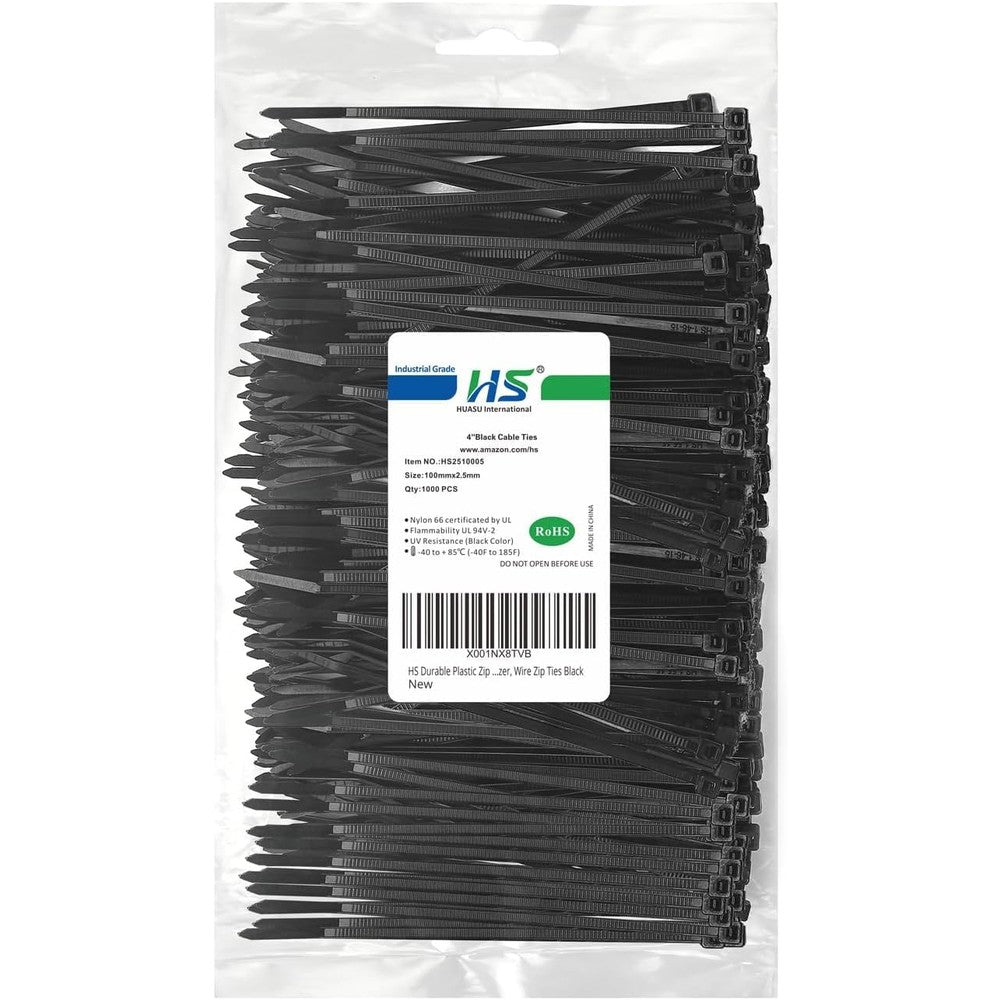 HS durable plastic zip ties front view showing bulk pack packaging