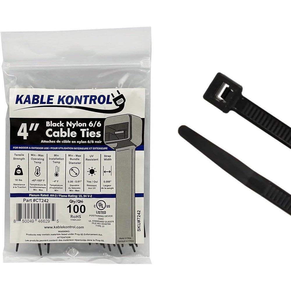 Kable Kontrol four inch black cable zip ties front view package showing one hundred pieces