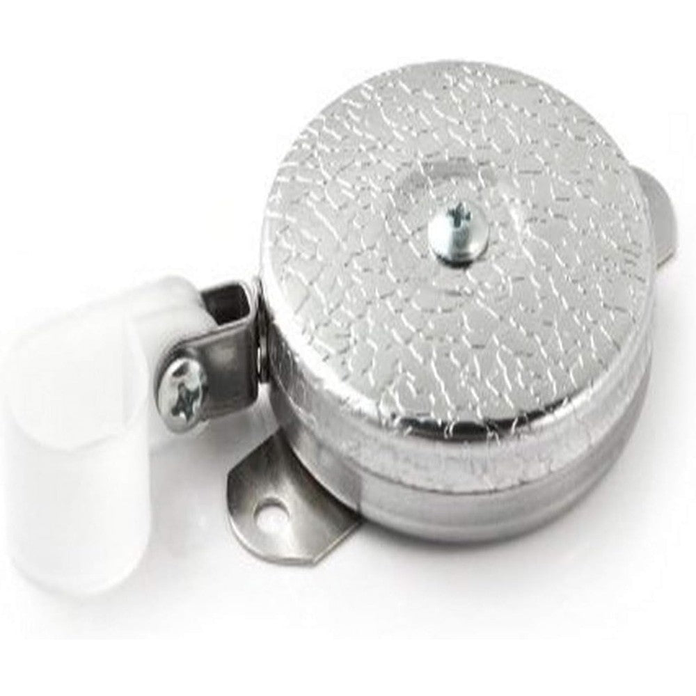 KEY-BAK industrial retractable reel front view showing the shiny chrome case and heavy duty steel cable construction.
