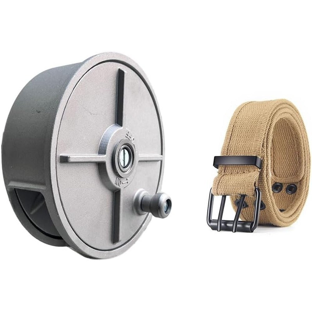 Olamochi aluminum rebar tie wire reel front view with canvas work belt.