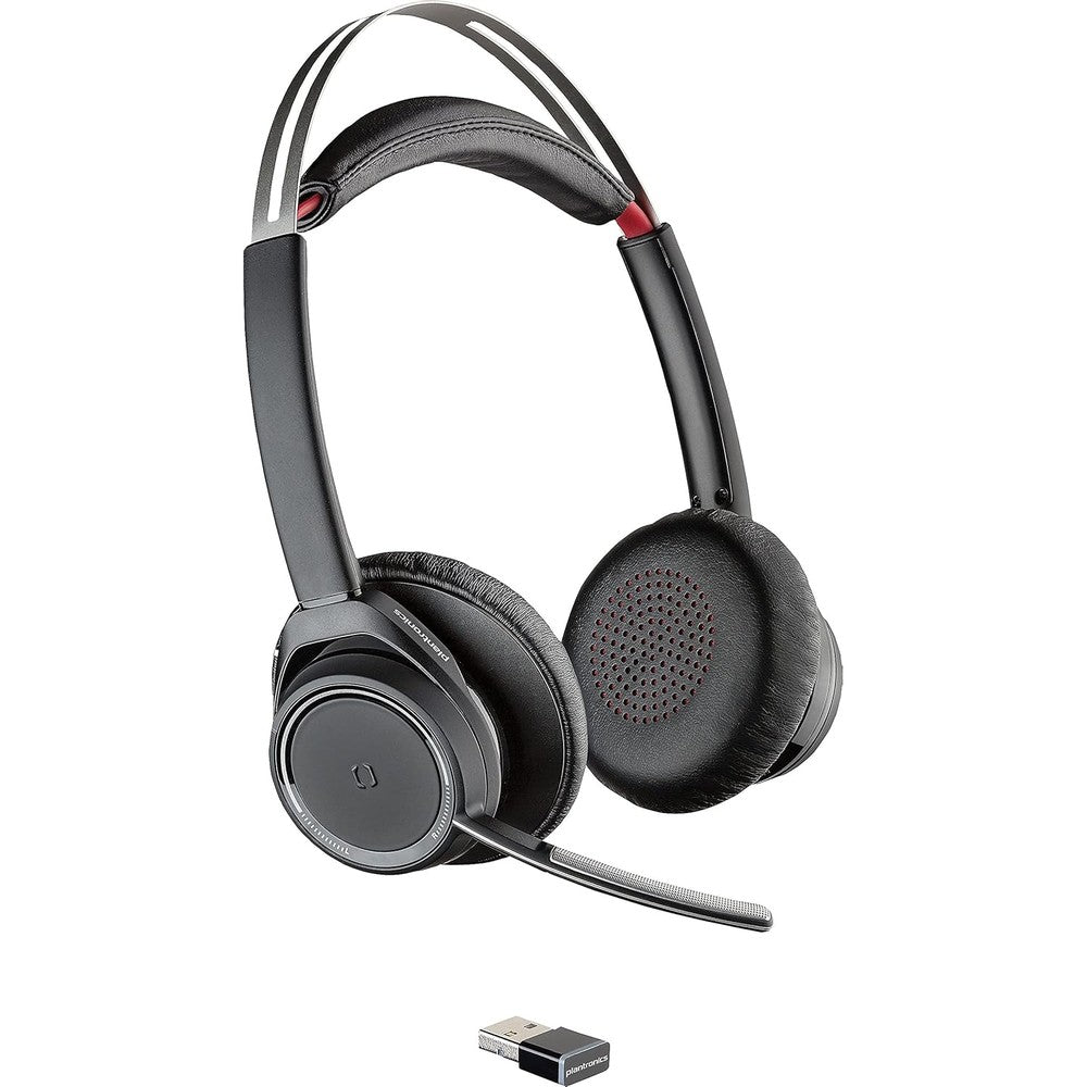 Poly Voyager Focus UC wireless headset front view with charging stand