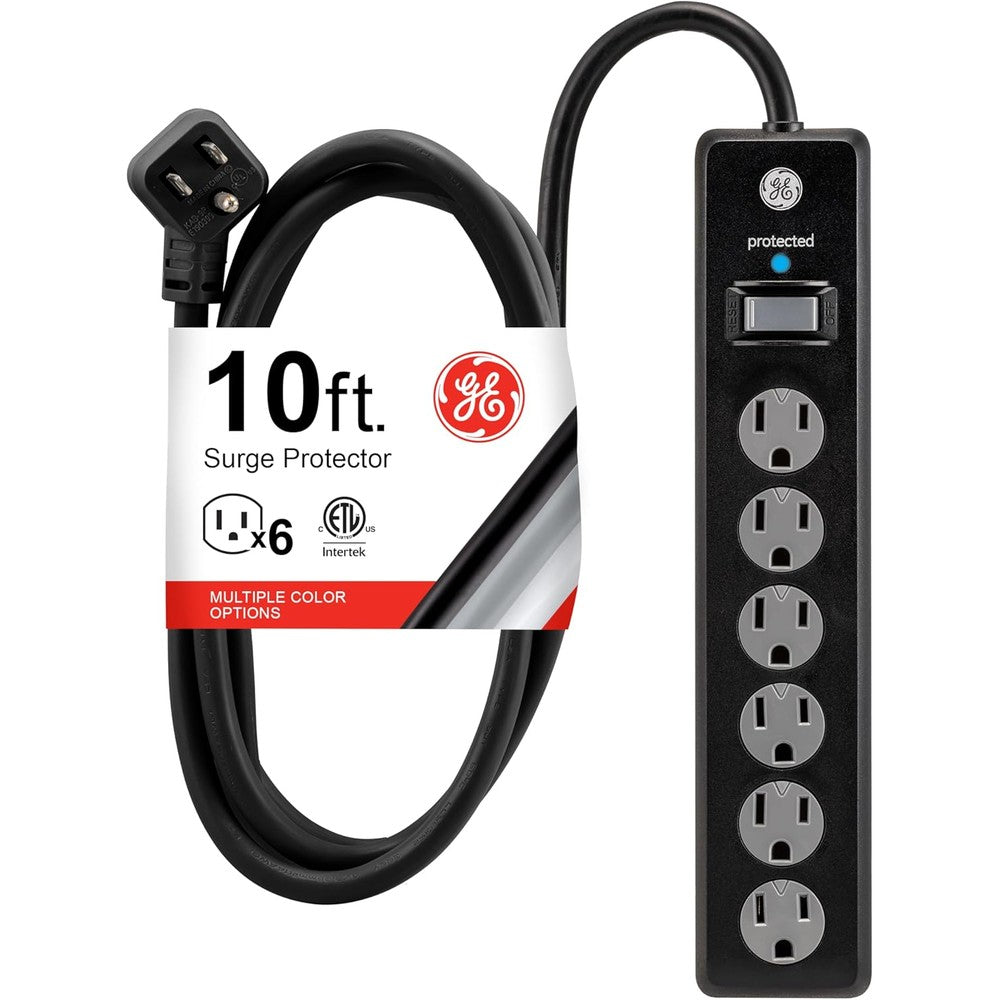 GE 6 Outlet Surge Protector With 10 Foot Extension Cord And Twist To Close Safety Covers Black Model 37442