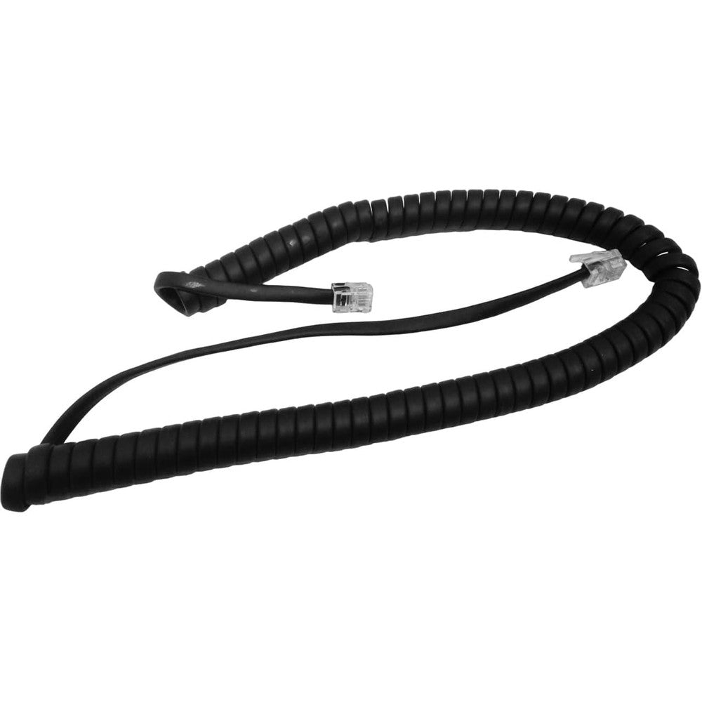 The VoIP Lounge replacement black coiled telephone handset cord front view featuring modular RJ11 connectors.