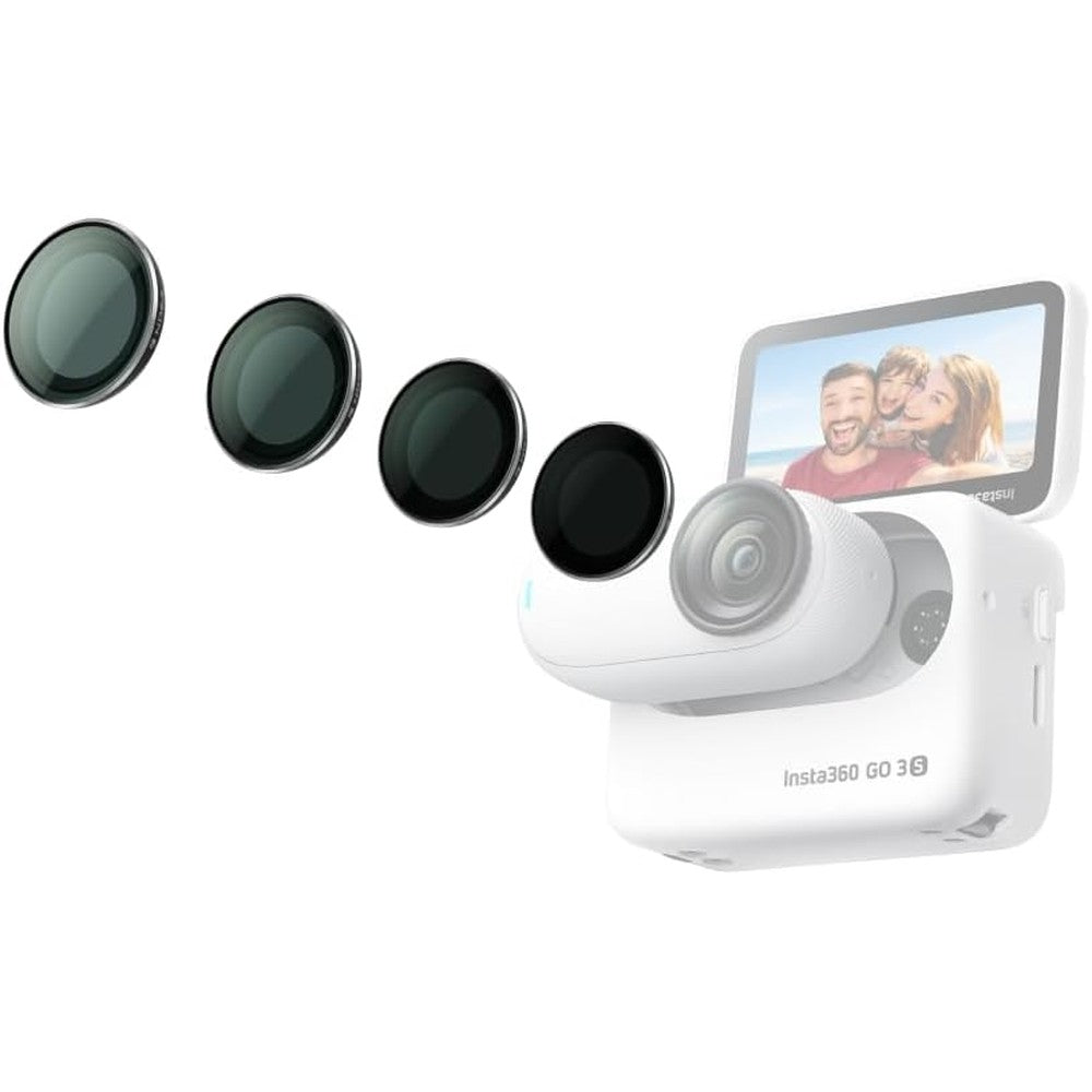 Insta360 GO 3S ND Filter Set front view showing four multi coated optical glass lens accessories in a premium protective storage case.