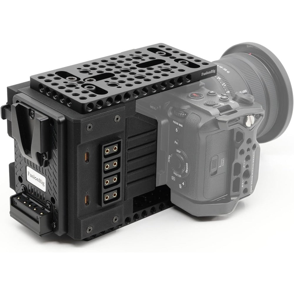 ZTIANFOTO FusionRig FX3 and FX30 Camera Cage Extension Module front view showing the built-in voltage display screen and aluminum housing.