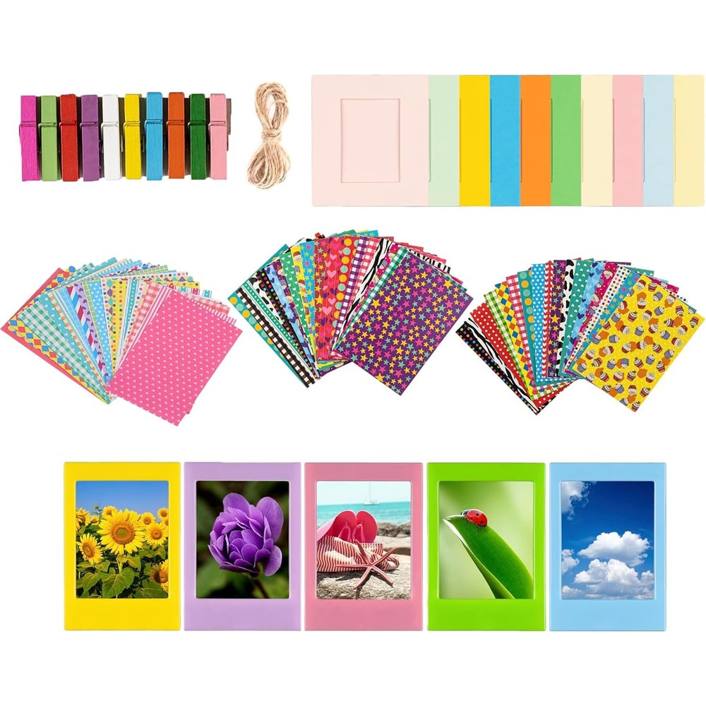 Sturdy Tiger Colorful Bundle Kit front view showing assorted sticker frames and plastic desk frames for instant cameras.