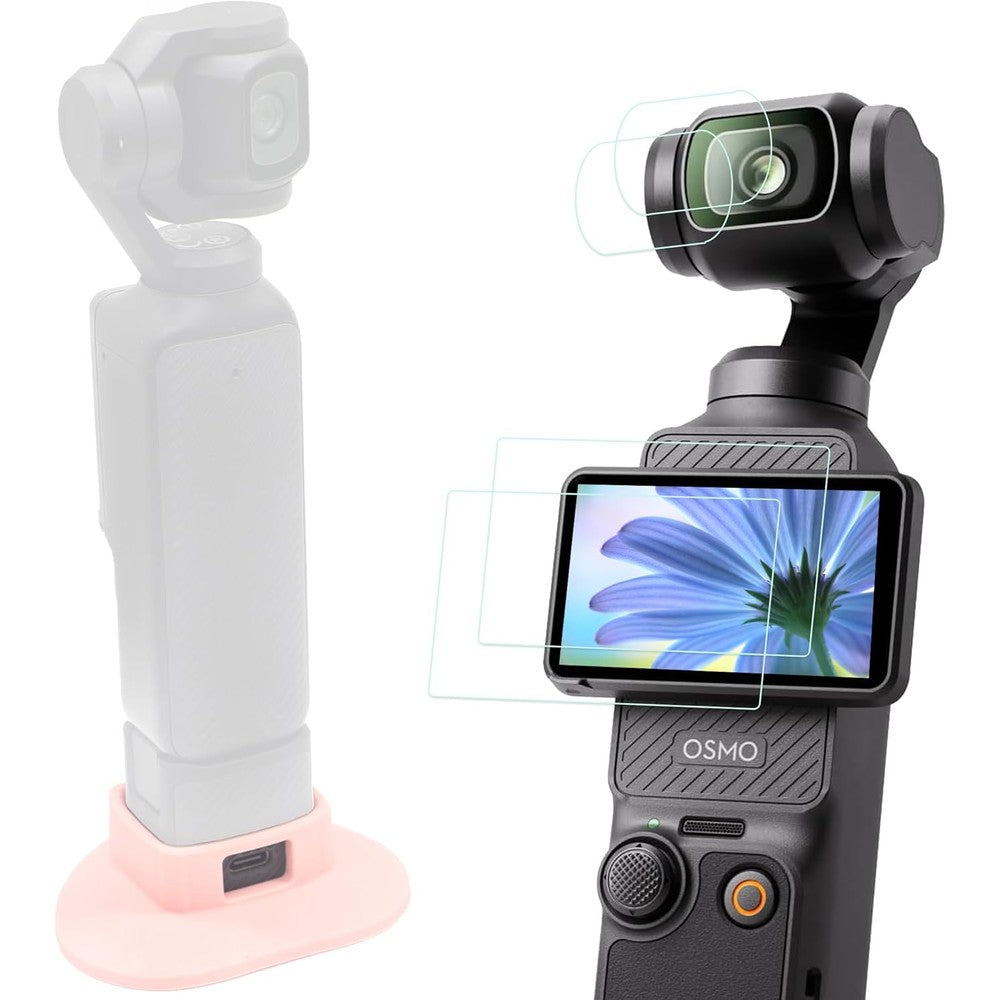 PCTC Osmo Pocket 3 accessories kit showing pink silicone mount and glass protectors front view