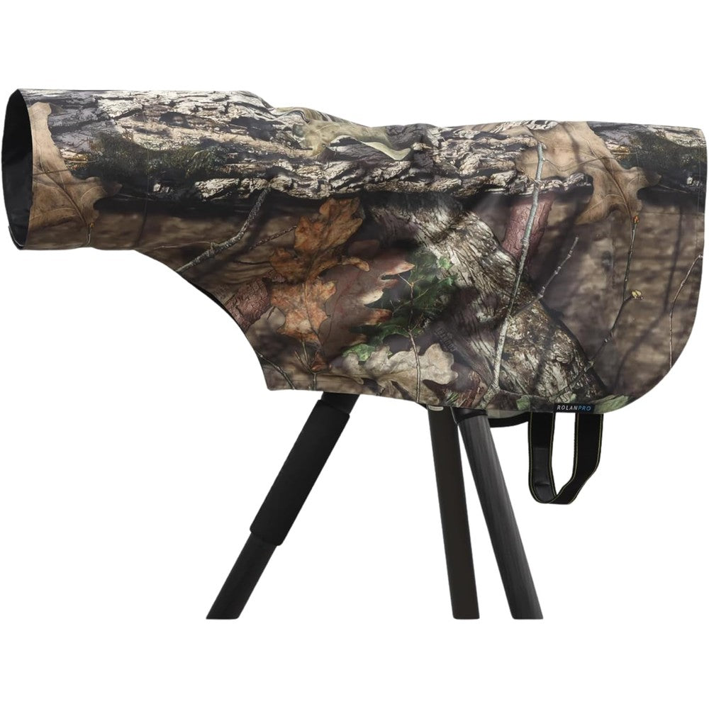 Rolanpro waterproof telephoto lens rain cover front view in brown jungle camouflage pattern.