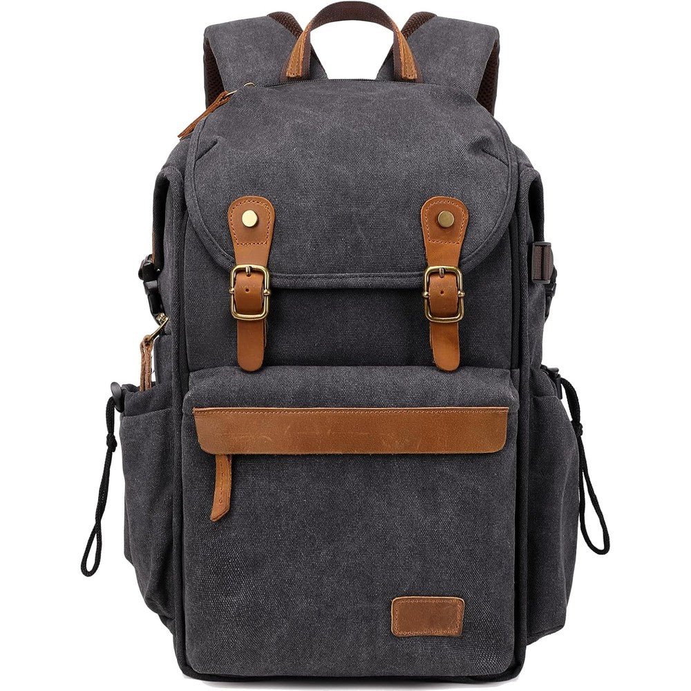 Tuceng vintage canvas camera backpack charcoal grey front view showcasing leather trim details
