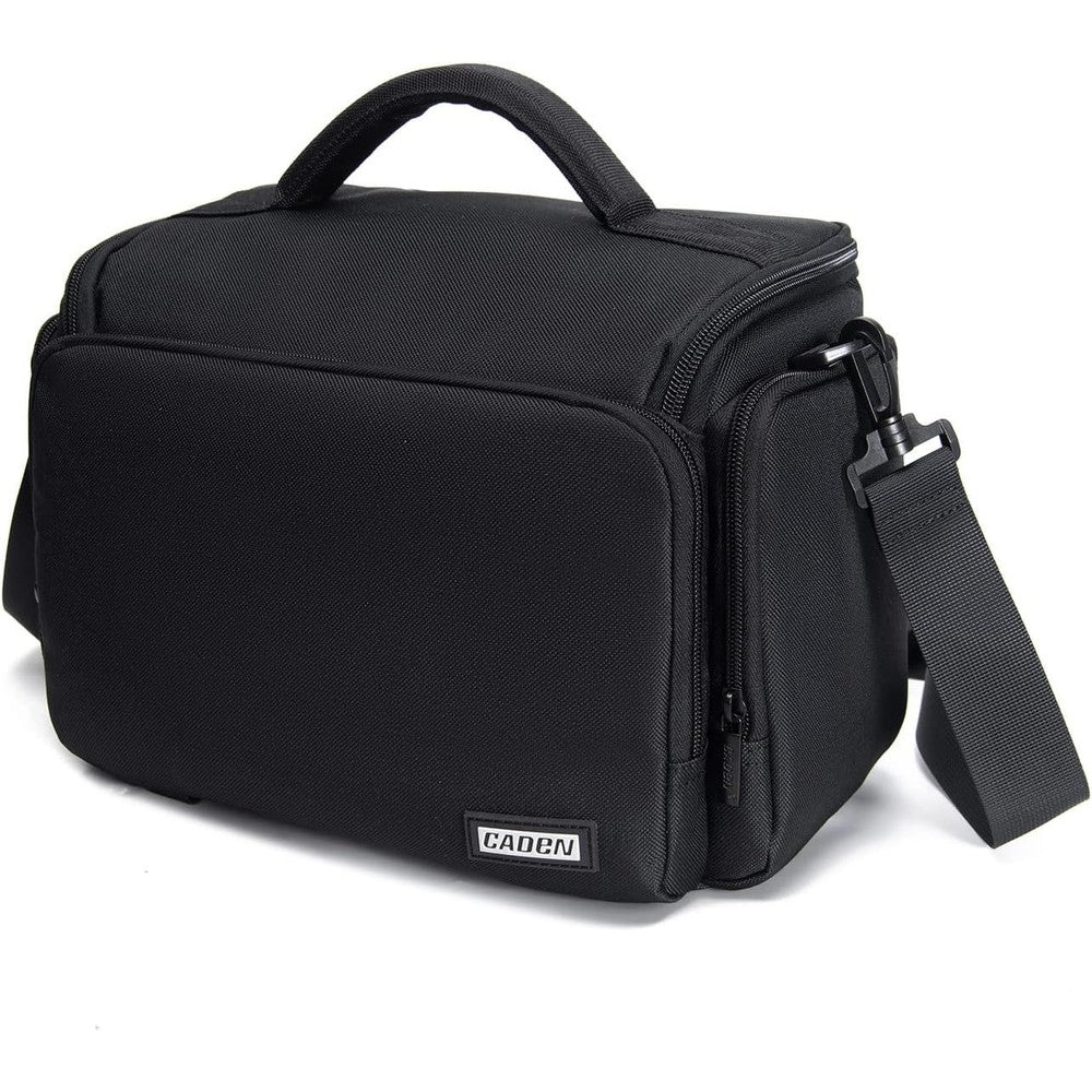 CADeN compact camera shoulder crossbody bag black front view with protective flap closed