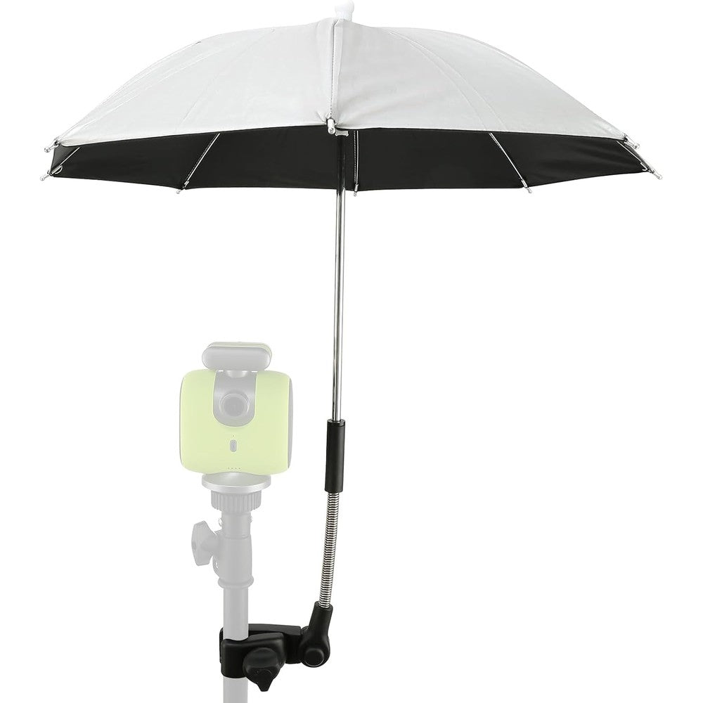 Lconvicely camera umbrella front view showing fifty centimeter black UV protection canopy attached to a professional outdoor tripod setup