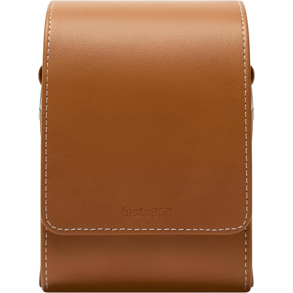 Insta360 Ace Pro 2 Classic Leather Case front view showing embossed branding and premium brown leather finish.