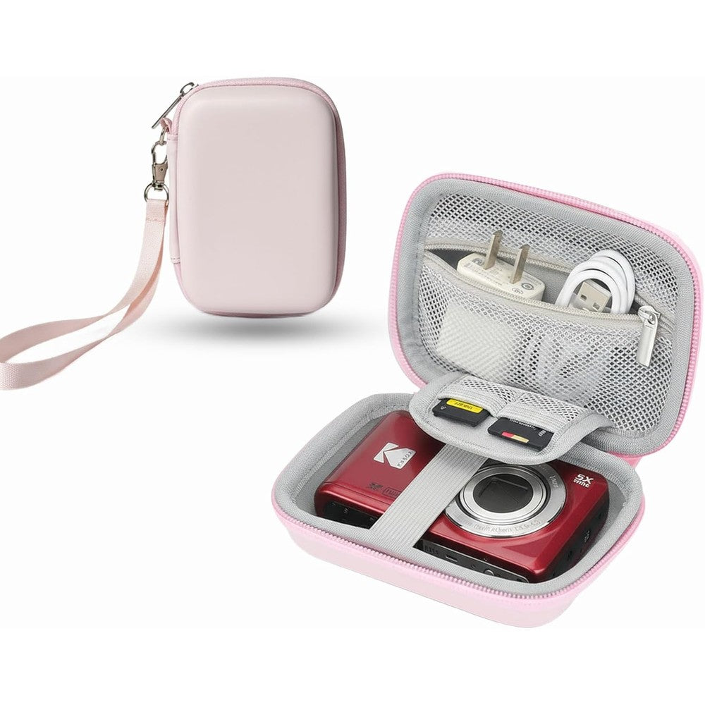 Linpr digital camera case pink front view showing hard shell exterior protective travel bag for compact cameras