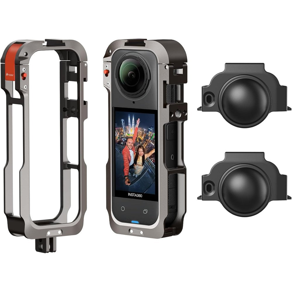 Amazear metal protective case for Insta360 X5 front view showing gray aluminum alloy utility frame.