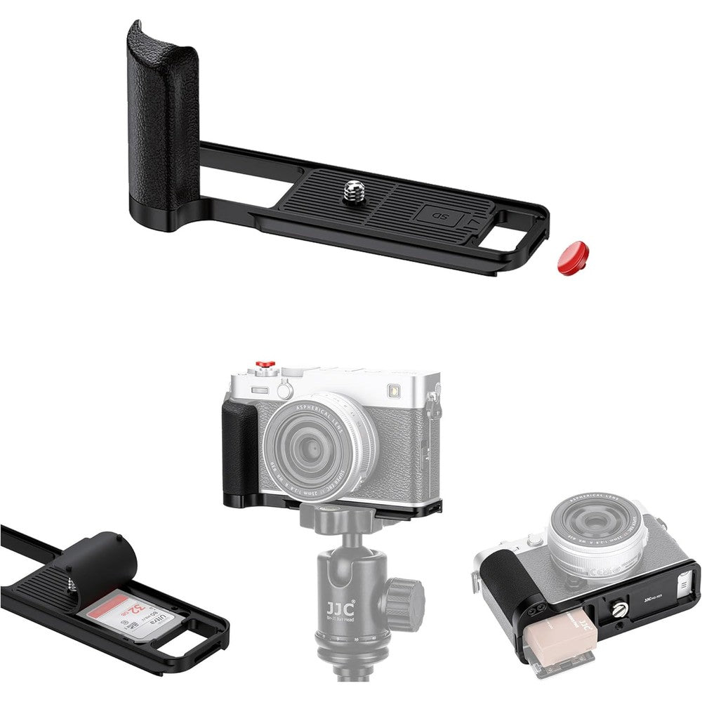 JJC metal hand grip l bracket for Fujifilm X E5 front view showcasing ergonomic black silicone handle
