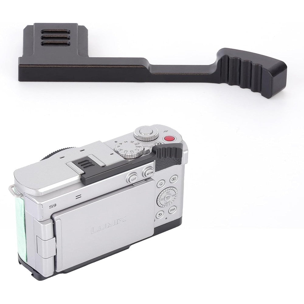 SZZCNOX Metal Thumbs Up Grip for Panasonic LUMIX S9 camera front view showing the premium black anodized finish.