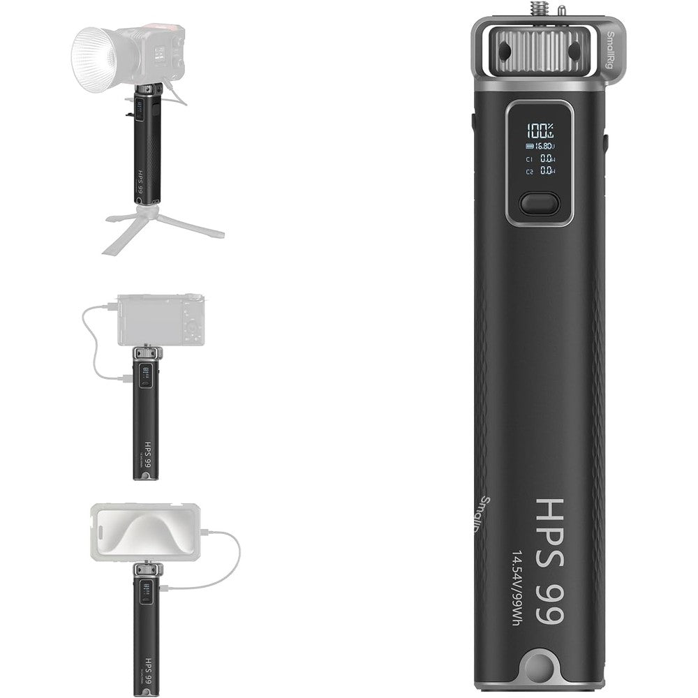 SmallRig HPS99 Handheld Power Stick battery grip front view showing ergonomic handle design and OLED display screen