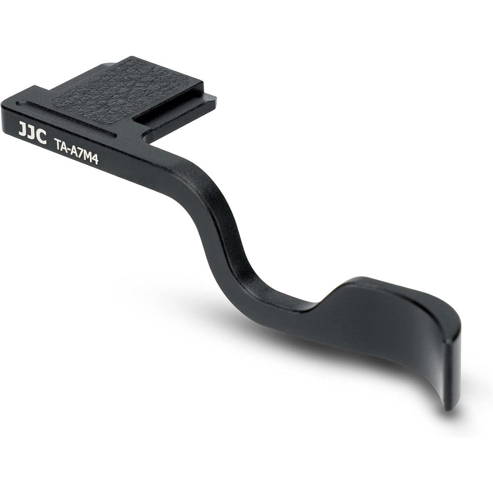 JJC metal thumb up rest hand grip front view installed on Sony camera hot shoe