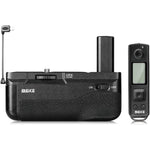 Meike MK-A6300 PRO Battery Grip front view attached to camera showing rubberized vertical texture and shutter button