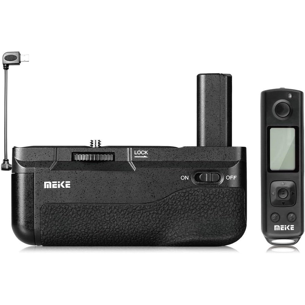 Meike MK-A6300 PRO Battery Grip front view attached to camera showing rubberized vertical texture and shutter button