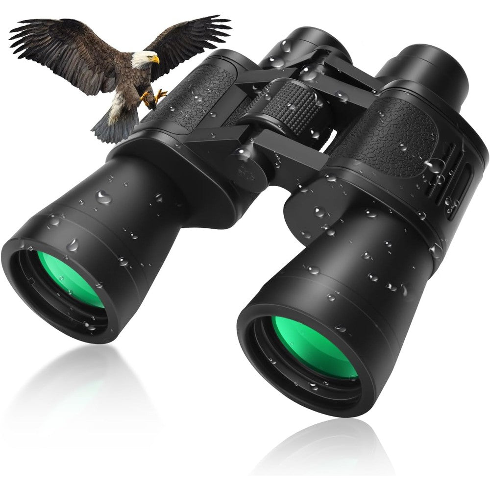POCZE 20x50 high powered binoculars front view showing fifty millimeter green coated objective lenses