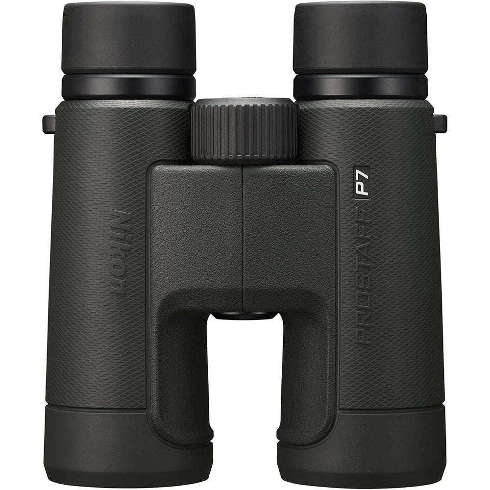 Nikon PROSTAFF P7 8x42mm Binoculars front view showcasing the black rubber armor and objective lenses.