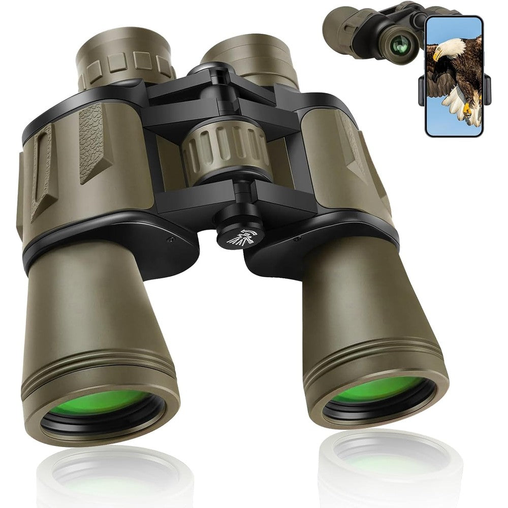 FoliumpX 20x50 High Powered Military Binoculars front view showcasing the mud colored rubber armoring and green coated lenses.