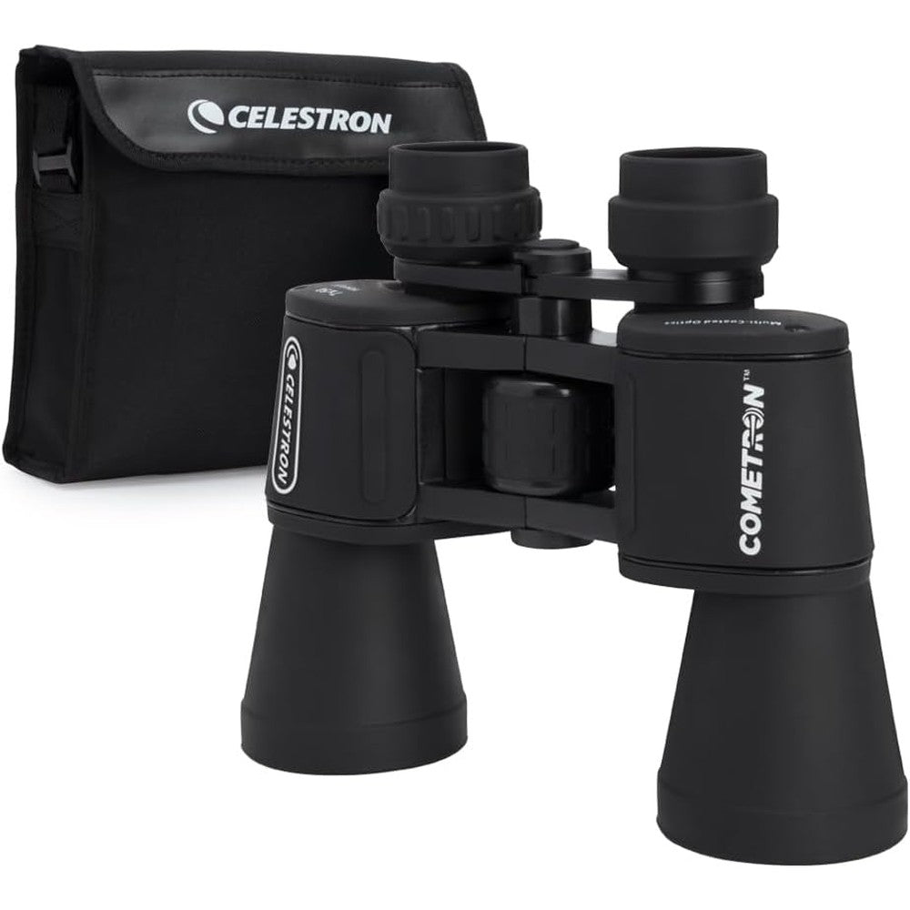Celestron Cometron 7x50 entry level astronomy binoculars front view showcasing the large fifty millimeter objective lenses.